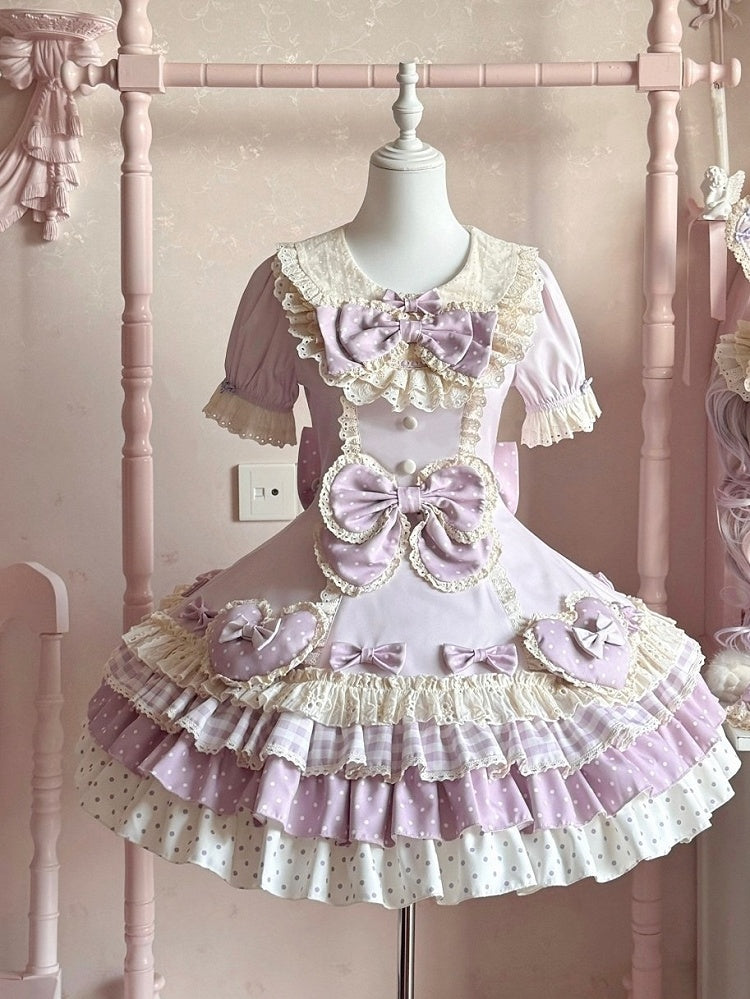 Purple Tiered Skirt OP Sweet Lolita Gown Accented with Bowknots & Heart Motifs - Sweet Crystal