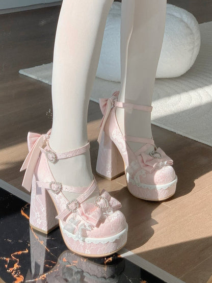 Round High Pink Elegant Block Lolita Bow Heels - Toe Platform Accents