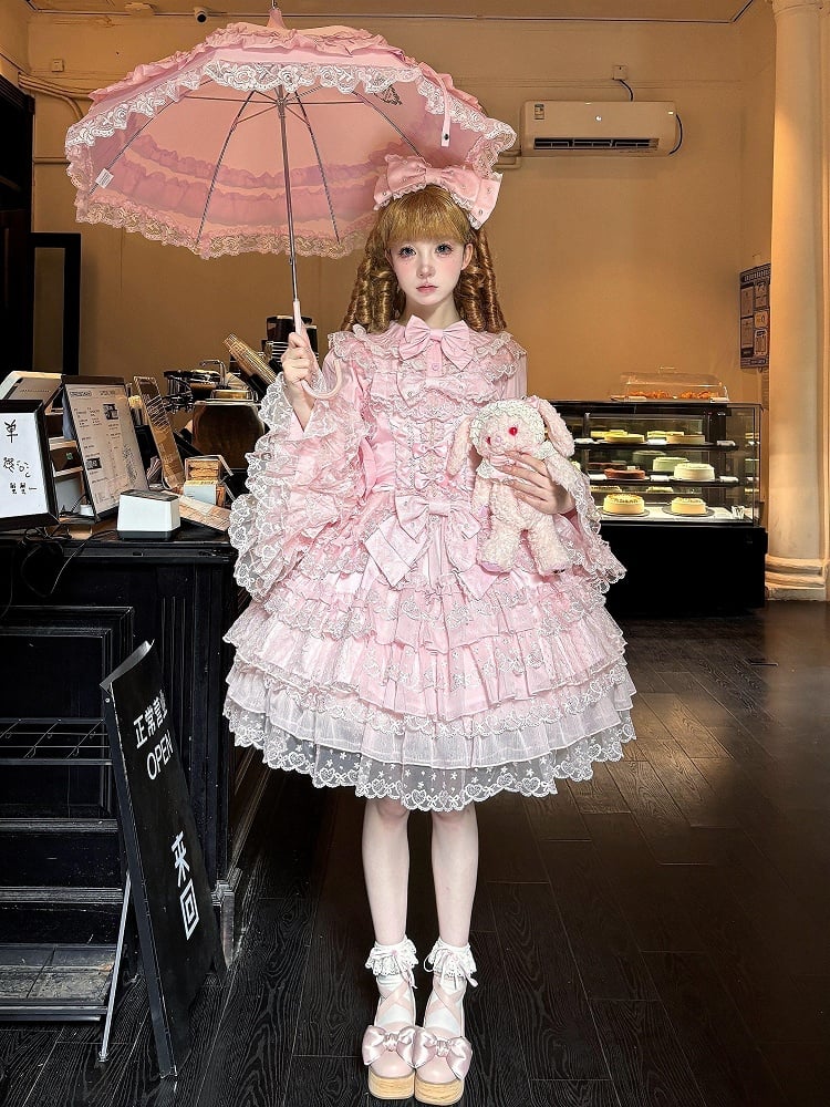 Multi-Layer JSK Trim Lace Bow Details Cute Pink Princess with Bead Sweet Dress