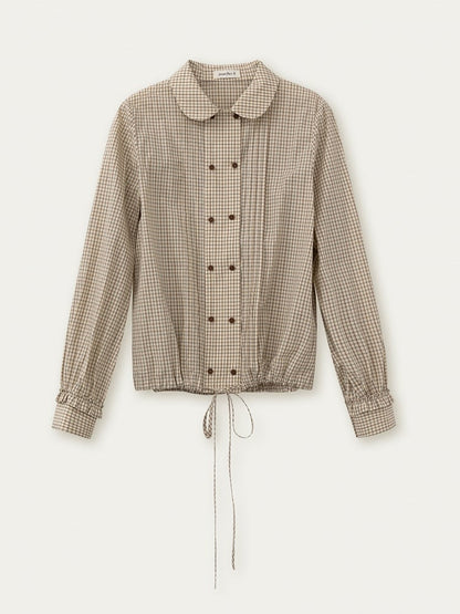 Khaki Drawstring Plaid Vintage Double-breasted Shirt
