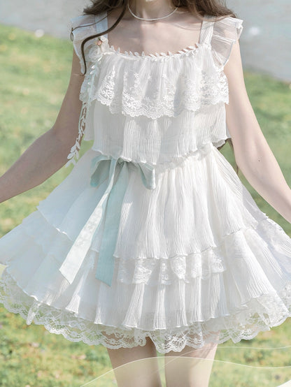 and Brooch with Waist Belt Tiered Lace Trim Flutter Sleeves Dress Sweet White