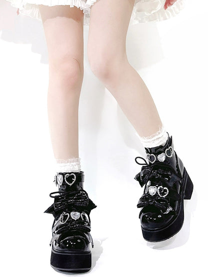 Platform Ankle Boots Buckles Jirai Kei Polished and Black Rhinestons Sweetheart with