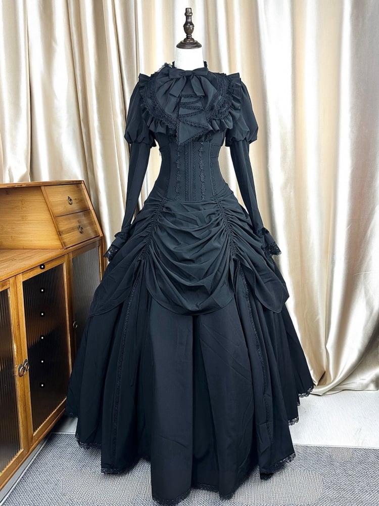 Jupe noire taille haute à baleines style gothique victorien Lolita avec cordon de serrage
