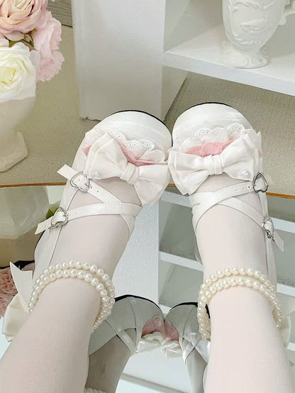 Ankle Straps Sweet Design Heart Dual With Detachable at Buckle Buckles White Crisscross Shoes Bow Top Lolita