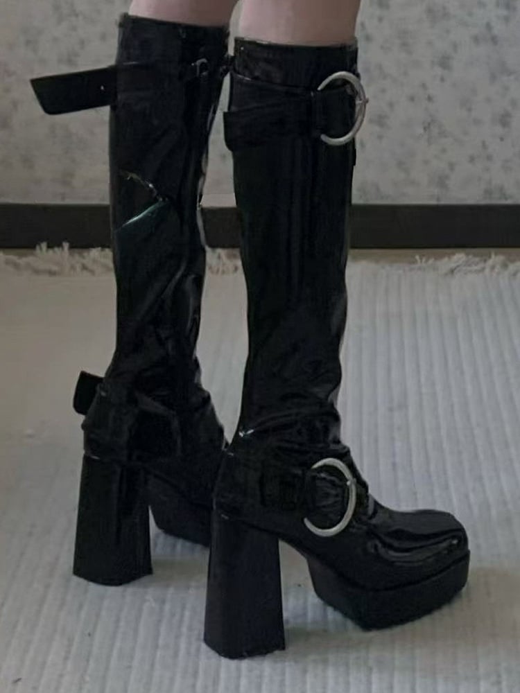 Polished - Toe Square Buckles Boots Black Zipper Inner Decorative with Knee-Length Platform