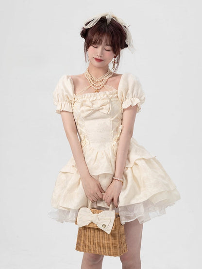 Sleeves Lace-Up Beige Soft Puff and Short Basque with Dress Waist