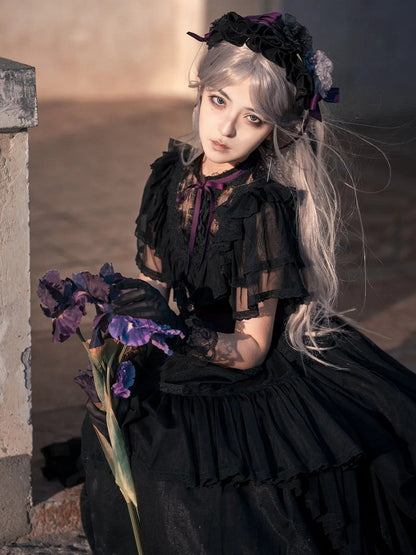 Lolita Schmetterlingsgürtel Schwarzes Kleid Taille Elegant Klassisch mit Ärmeln Illusion Ausschnitt Lila Edward