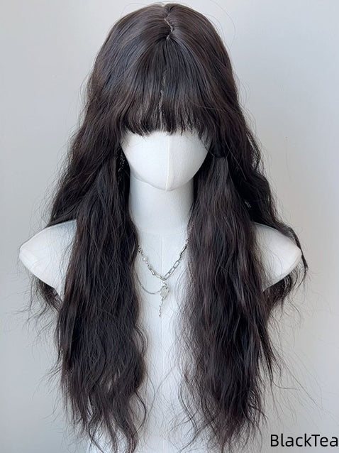 Black Wool Brown Tea/Light 65CM Bangs Full Curly Wig with