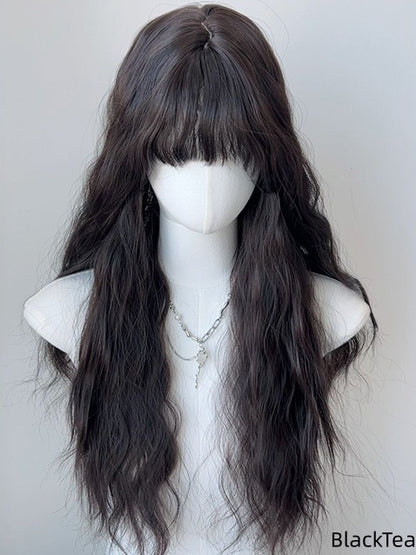 Black Wool Brown Tea/Light 65CM Bangs Full Curly Wig with