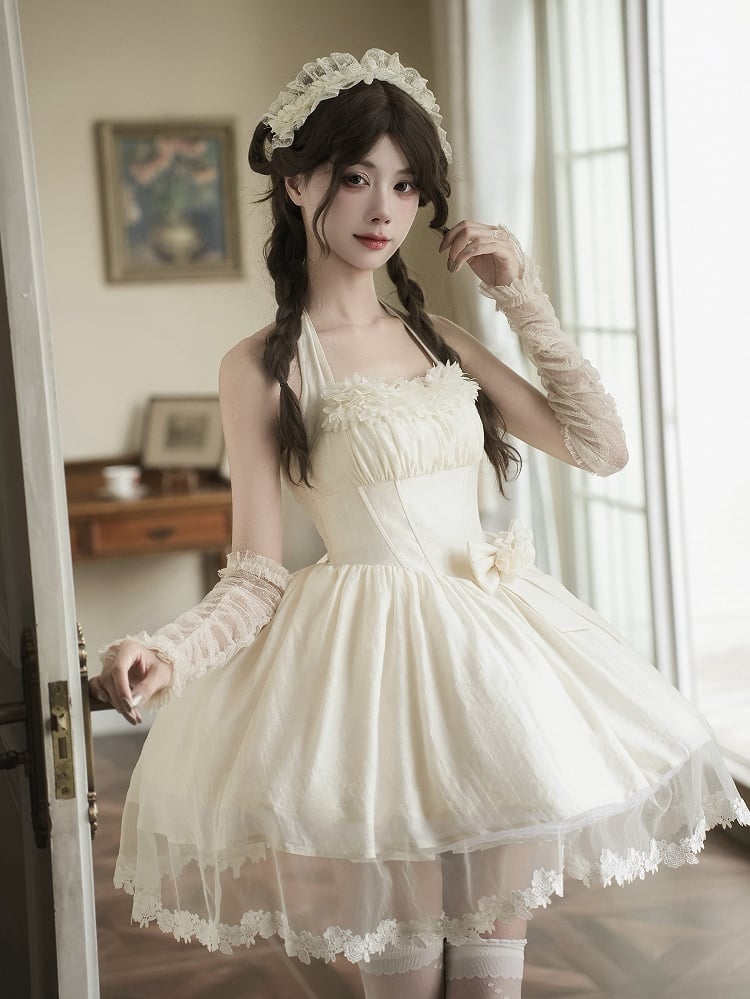 Waist Dress Boned Bow Flower Basque Elegant Detachable Hairband Neck Beige + Self-tie Halter