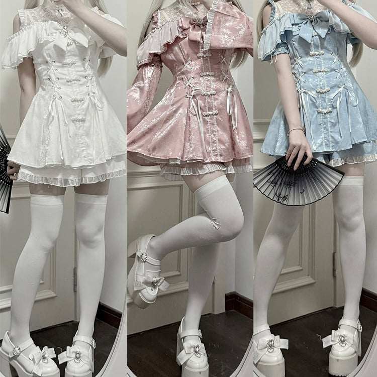 セット - ショートパンツ、蝶ネクタイネックライン、ベルスリーブ、イリュージョンチャイナドレス、ミニドレス、ダスティジライスタイル、ピンクケイ