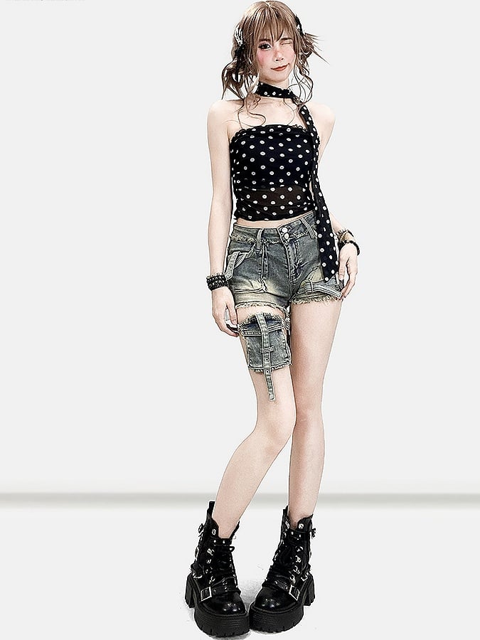 Design – Raw Bittersweet – Shorts mit Used-Look-Saum in Blau