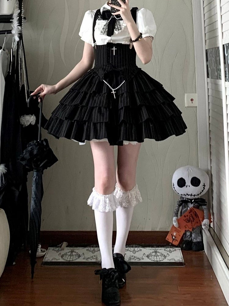 Cross Short White + Sleeves Striped Gothic-Style with Blouse High Skirt Lolita Waist Accents Black