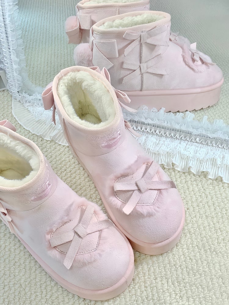 Boots Pompom Decor with Sweet Embroidery Heart Patches Pink Snow Lolita Platform - Donut