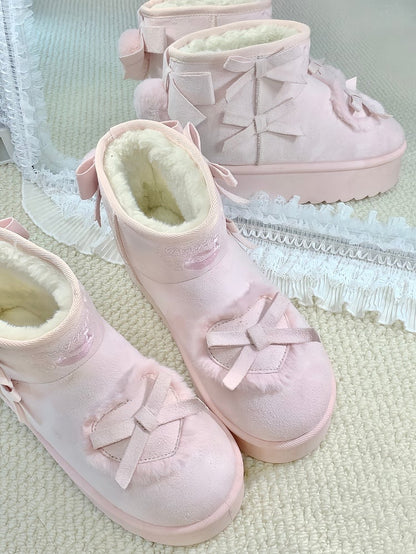 Boots Pompom Decor with Sweet Embroidery Heart Patches Pink Snow Lolita Platform - Donut