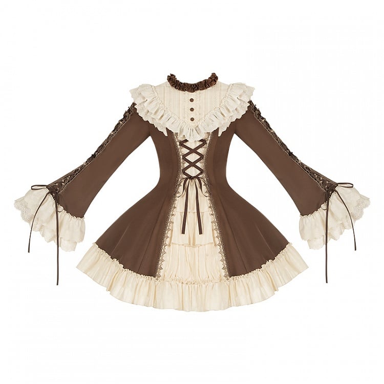 and Beige Ruffle Neckline Brown Sleeves Dress Lolita Bell Version Short