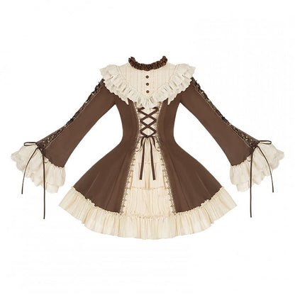 and Beige Ruffle Neckline Brown Sleeves Dress Lolita Bell Version Short