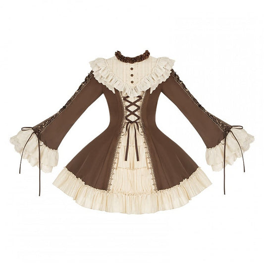 and Beige Ruffle Neckline Brown Sleeves Dress Lolita Bell Version Short