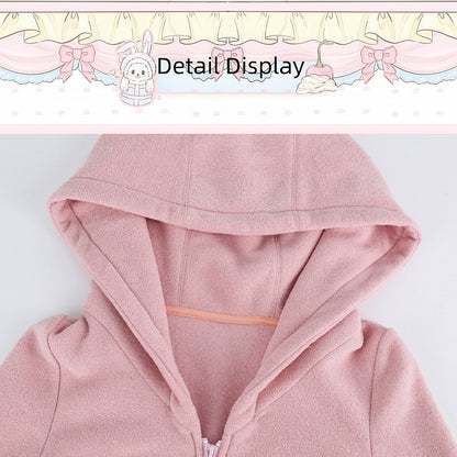 Hooded Jacket Pink Fitted Long Sleeve Bear Embroidery - serendipity