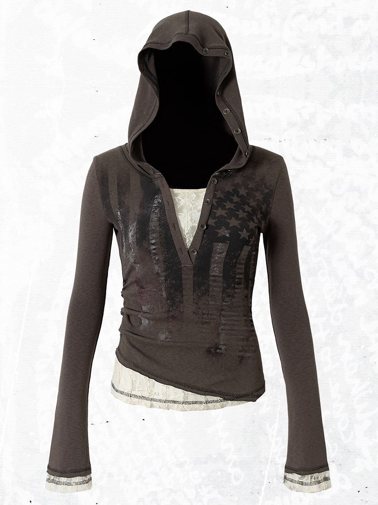 Dark Slim-fitting Button with Gray Hooded Top Placket Partial V-neck Two-piece Version