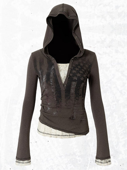 Dark Slim-fitting Button with Gray Hooded Top Placket Partial V-neck Two-piece Version