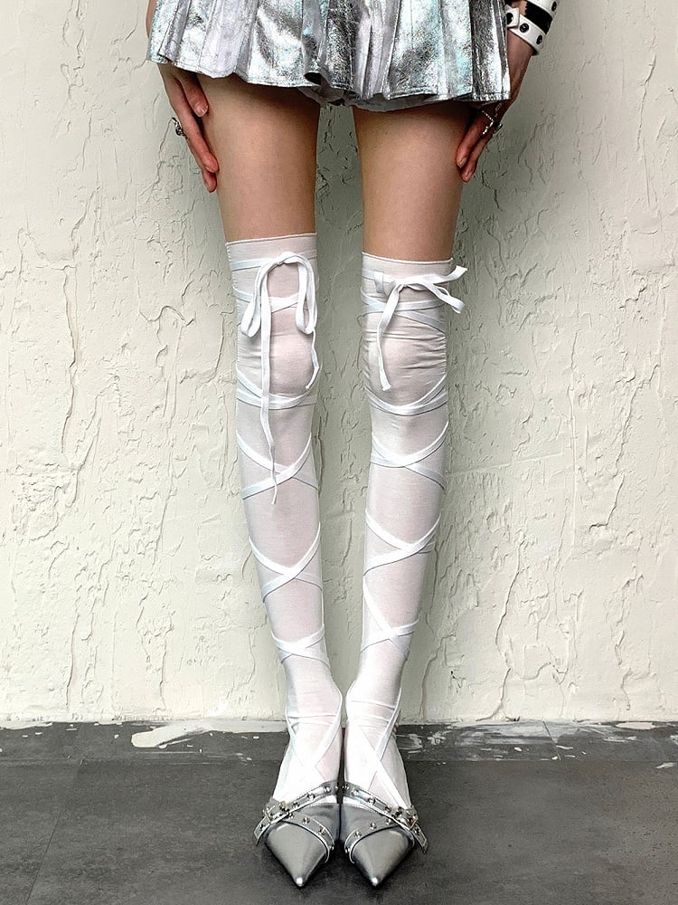 Crisscross Overknee Selbstbindende Strümpfe Straps Weiß/Schwarz/Grau