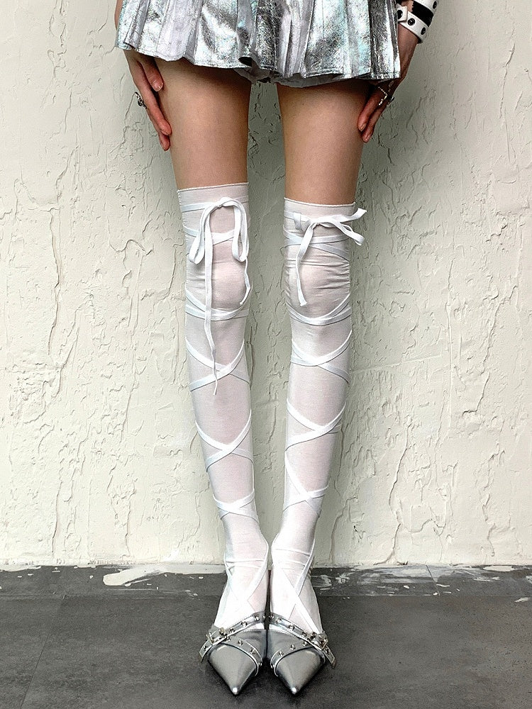 Stockings Straps Self-tie Crisscross Overknee White/Black/Gray