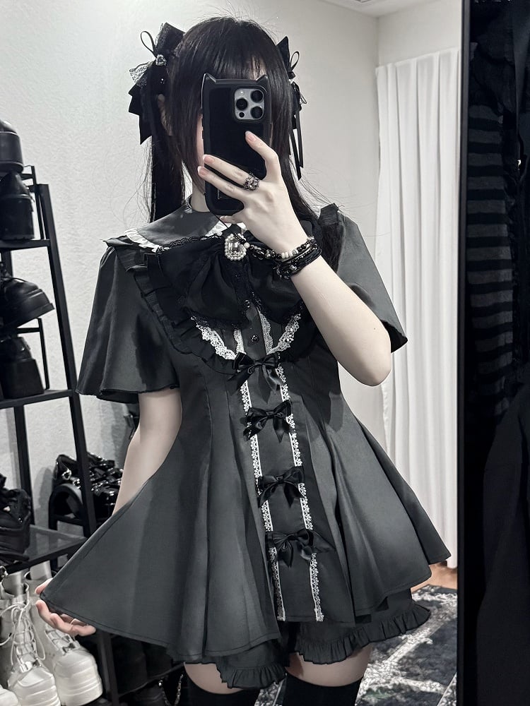 Detachable Dress + Sleeves Gray Tie Set Short-Sleeve Shorts Kei Matching Dark Jirai Full Bow