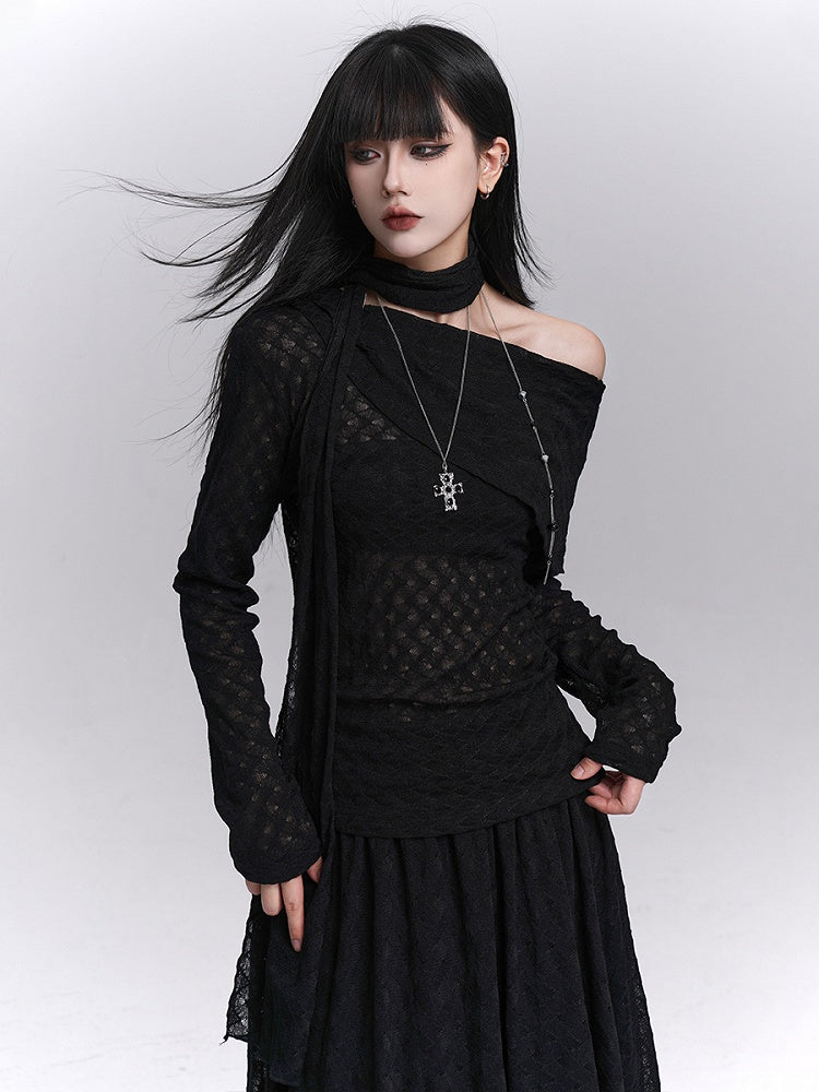 Strap Off-Shoulder Asymmetrical Black Matching Top with Gothic Neck