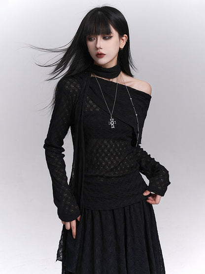 Strap Off-Shoulder Asymmetrical Black Matching Top with Gothic Neck