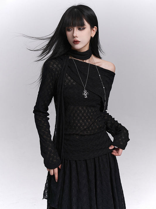 Strap Off-Shoulder Asymmetrical Black Matching Top with Gothic Neck