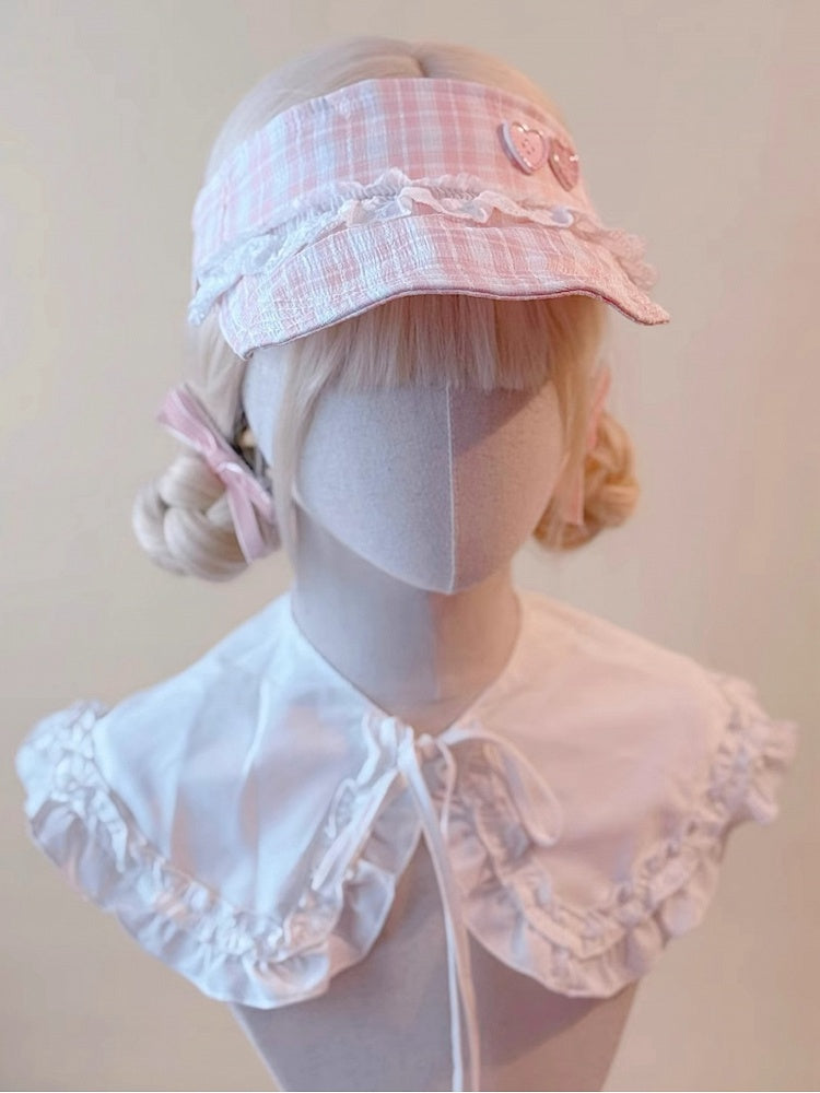Lace Heart Cap Buttons Visor Pink and Plaid Adorned with