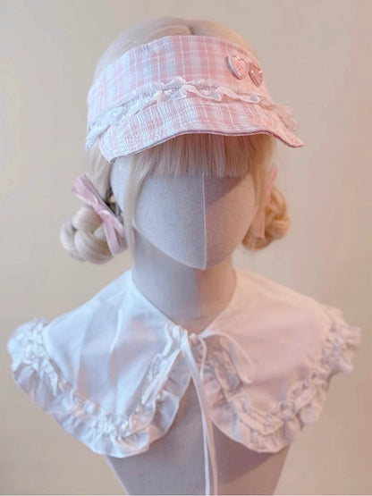 Lace Heart Cap Buttons Visor Pink and Plaid Adorned with