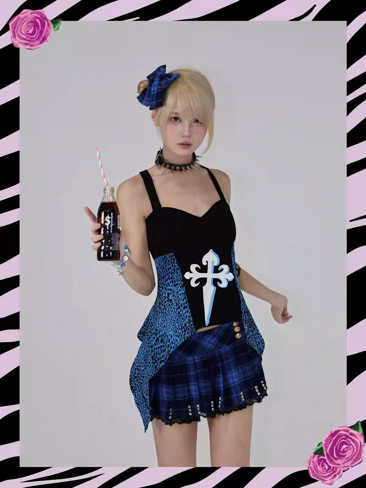 Trägerloses Top Schwarz Glamorous Gyaru Blaue Leoparden Patches Y2K