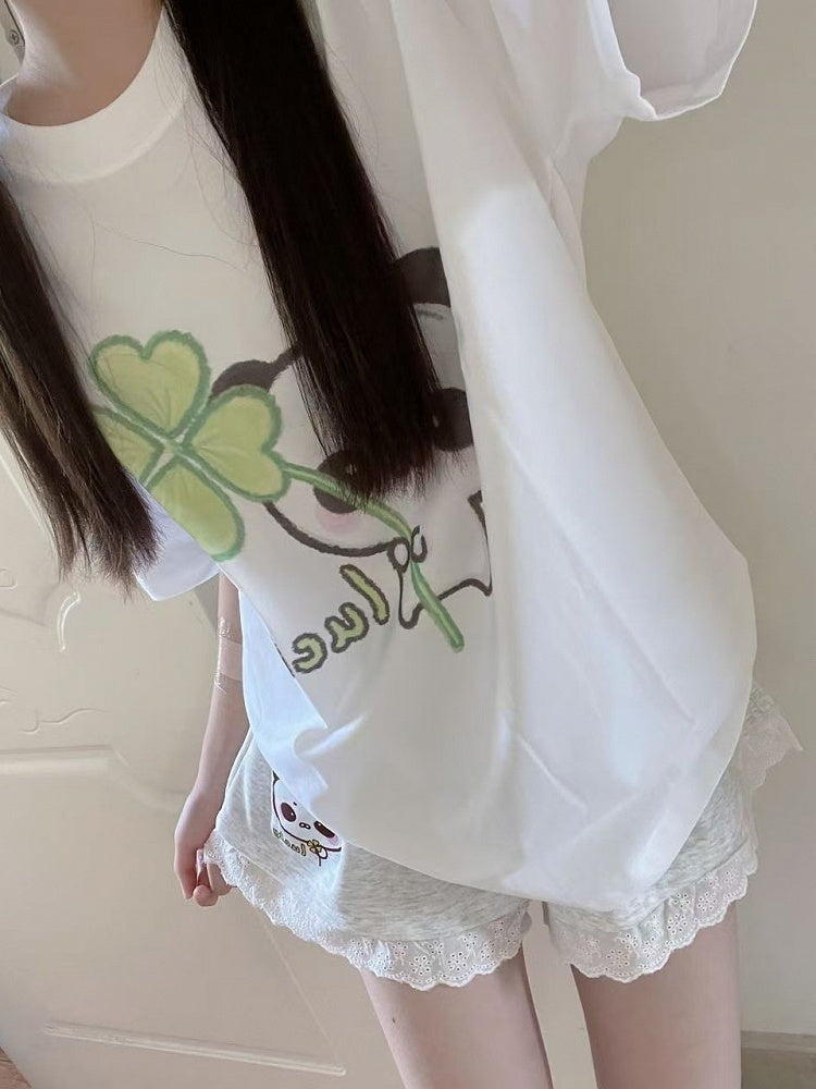 Trim with Shorts Print White Panda Lace