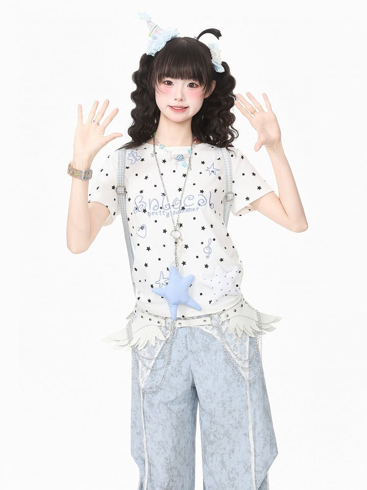 White Daily Kawaii Star Print Crew Neck Short Sleeve T-Shirt with 3D Star Decoration - Languid Park