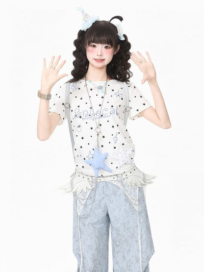 White Daily Kawaii Star Print Crew Neck Short Sleeve T-Shirt with 3D Star Decoration - Languid Park