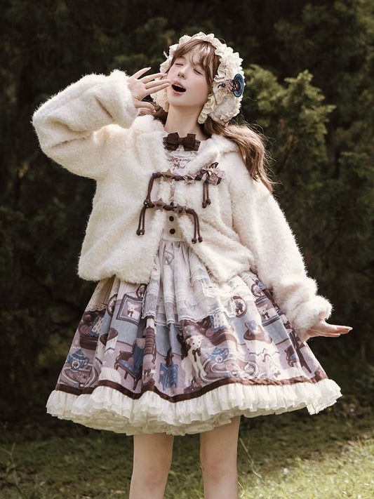 Beige Sweet with Star-Accented Plush Lolita Drawstring Coat Toggles