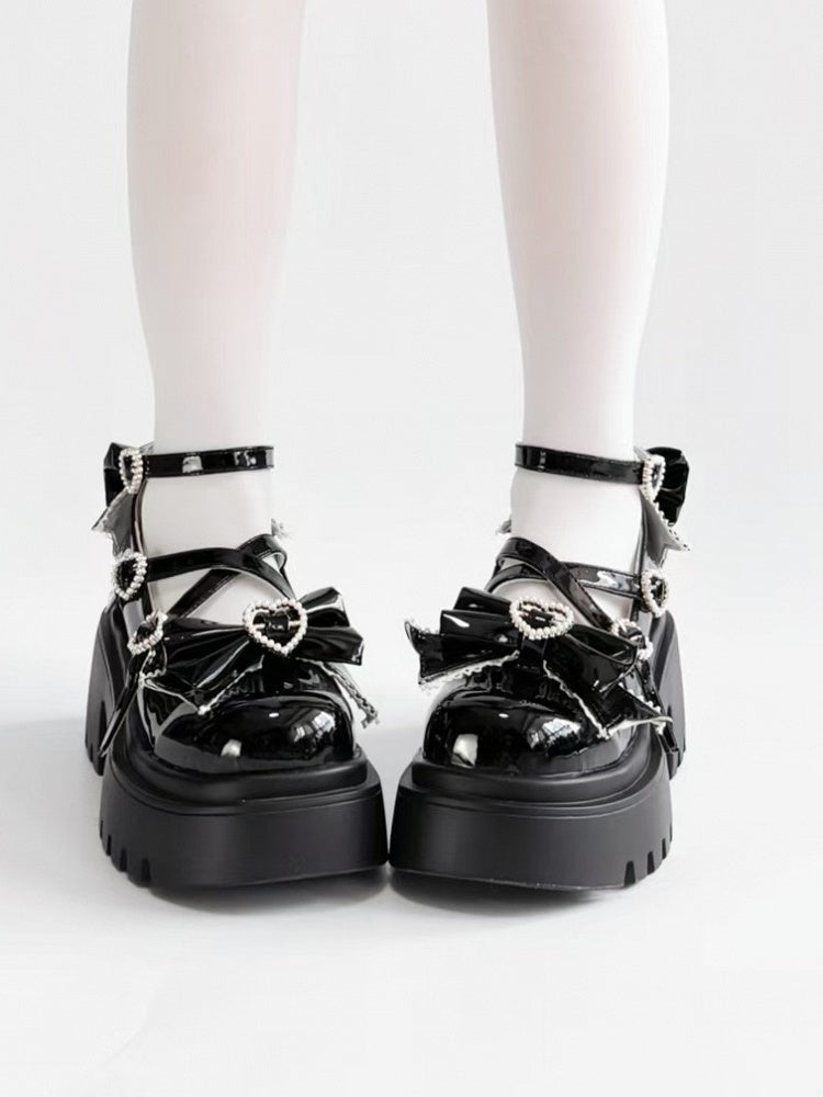 Snap Mary Lolita Platform Black Beaded Heel Janes High - Sweet Block Heart