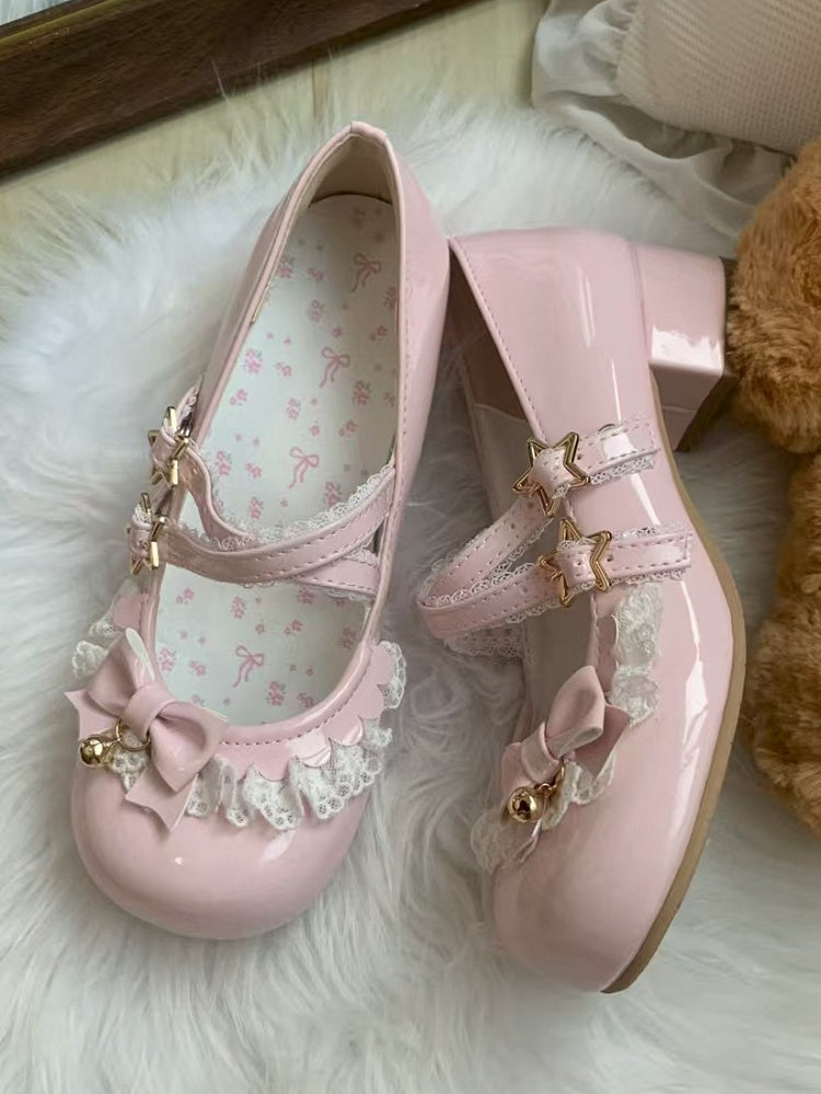 Star Low Leather Heels Sweet with Pink PU Closure Lolita -