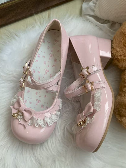 Star Low Leather Heels Sweet with Pink PU Closure Lolita -