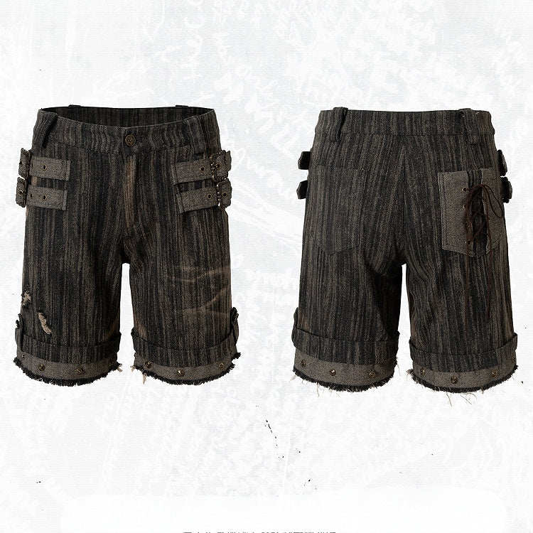 Black Details Shorts Wash Punk Wasteland Decorated Buckle Faded Studs