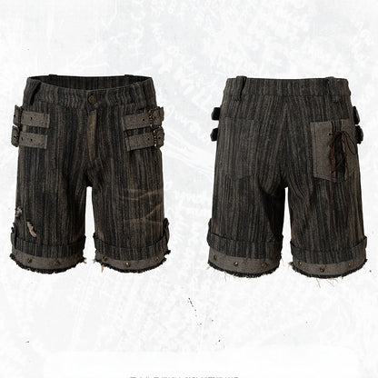 Black Details Shorts Wash Punk Wasteland Decorated Buckle Faded Studs