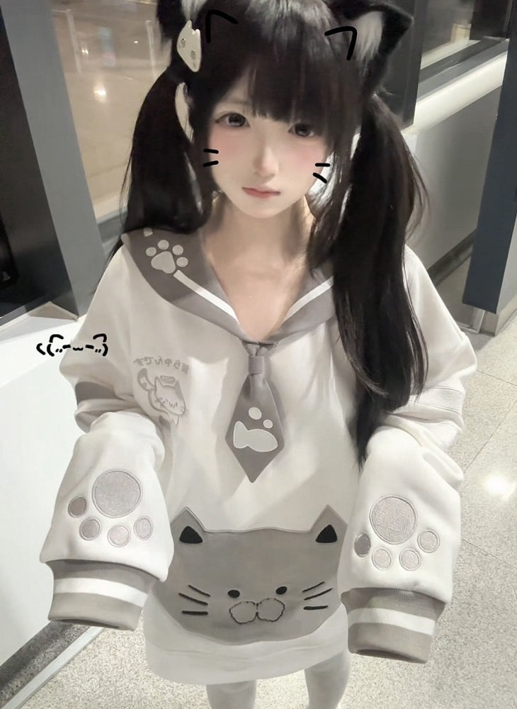 Kawaii Puff Core Cat Sailor with 3D Collar Embroidery Sweatshirt Design Otome White Gray