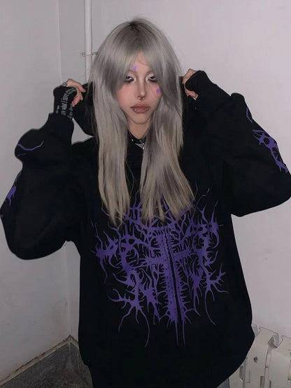 Schwarz-lila Kapuzenjacke mit Emo-Punk-Grafik