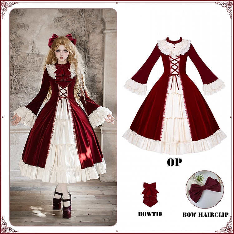 + Velvet Hairclip and Beige Bowtie Lolita OP Elegant Winter Bow Red Bell Sleeves