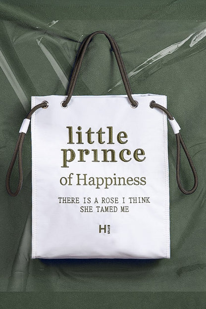 Tote Bag with Zipper Closure And Drawstring Strap Chic White  Green Alphabet Embroidery