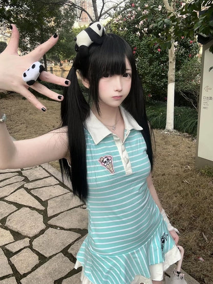 Striped with Partial Polo Blue Buttons Dress Heart-Shaped