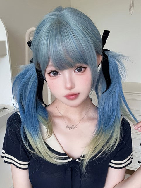 Color Ombre 65CM Bangs Wig Straight Blue With Air Hair Cut Hime Length