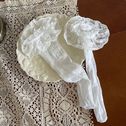 レース ホワイト/ピンクの花柄ソックス パターントリム